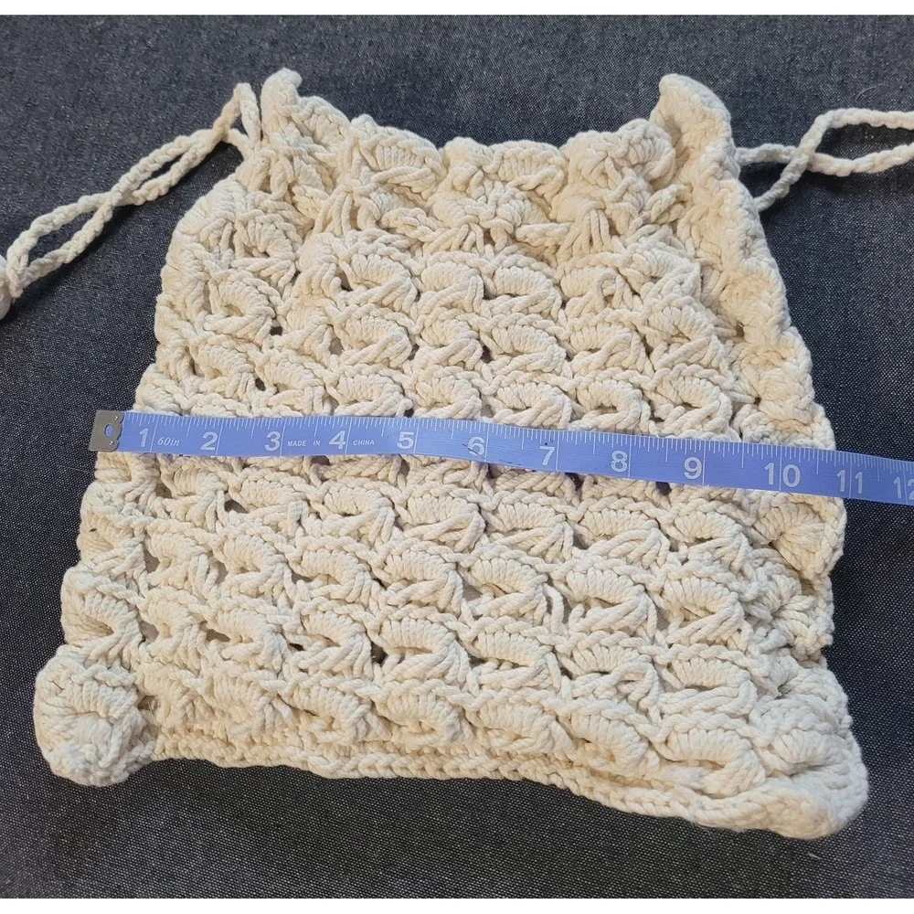Vintage 60s 70s Boho Crocheted‎ Knit White Shoulder Bag Drawstring Pouch